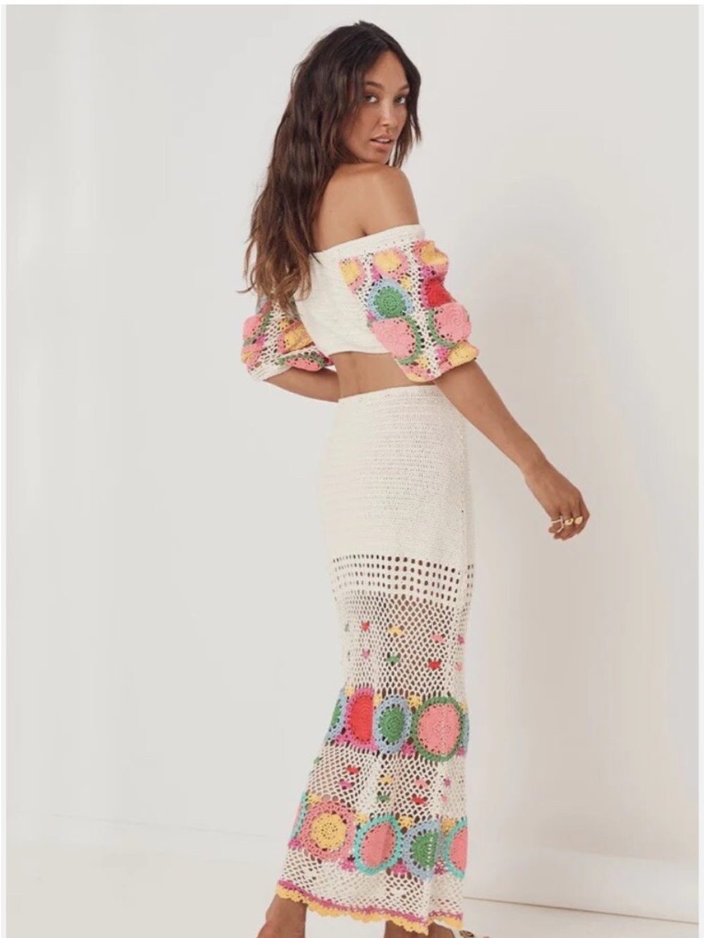 Spell Crochet Set Let the Sunshine In Maxi Skirt and Crop Top Cream Rainbow S - Picture 16 of 17